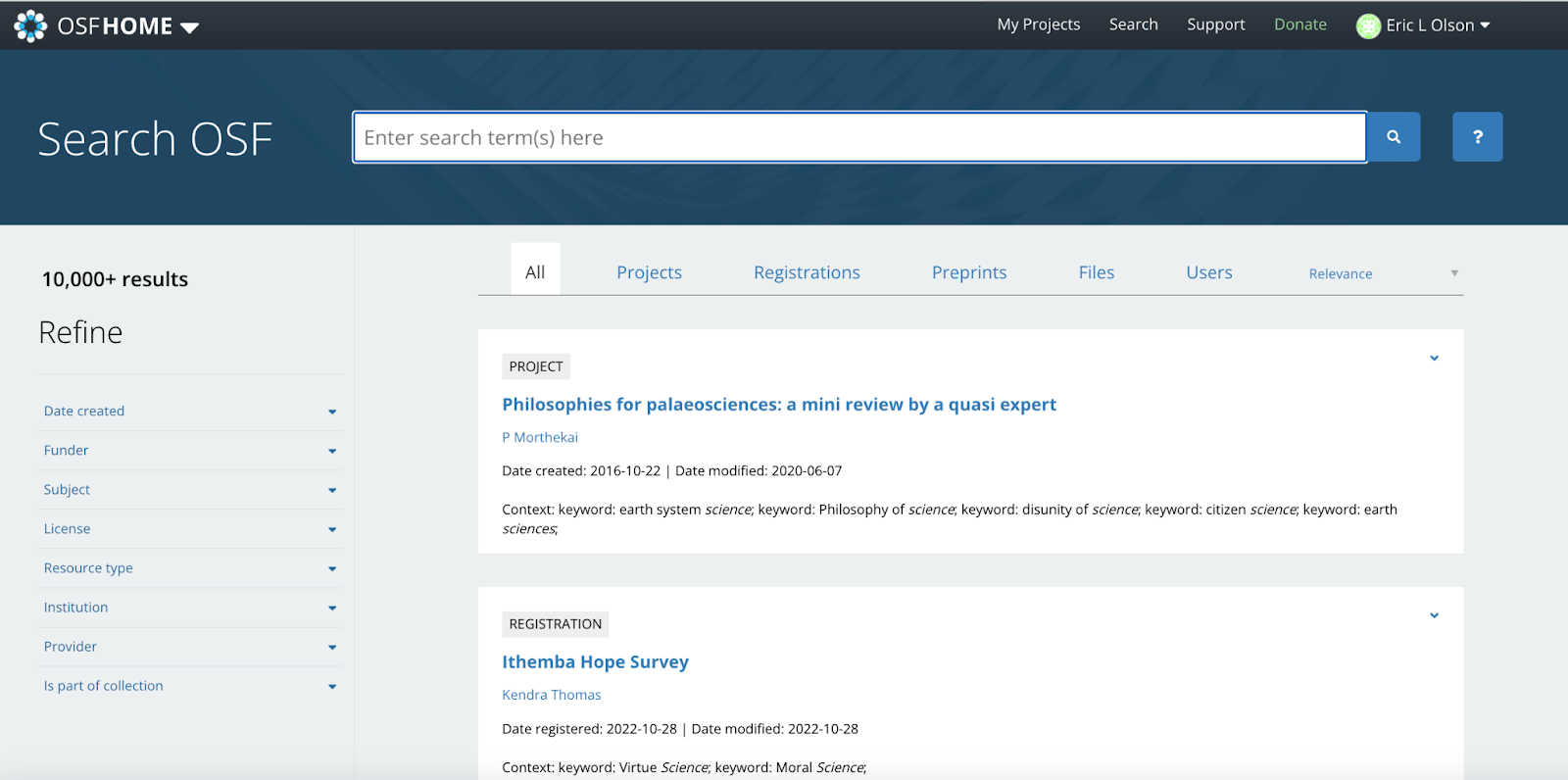 Screenshot of OSF search page