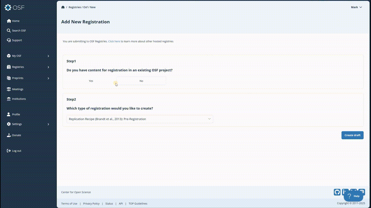 OSF UI - Registrations