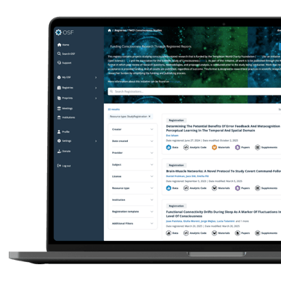 The OSF Registry for Funding Consciousness Research through Registered Reports, which uses open science badges so it becomes readily apparent when data, code, or papers are available to access. 