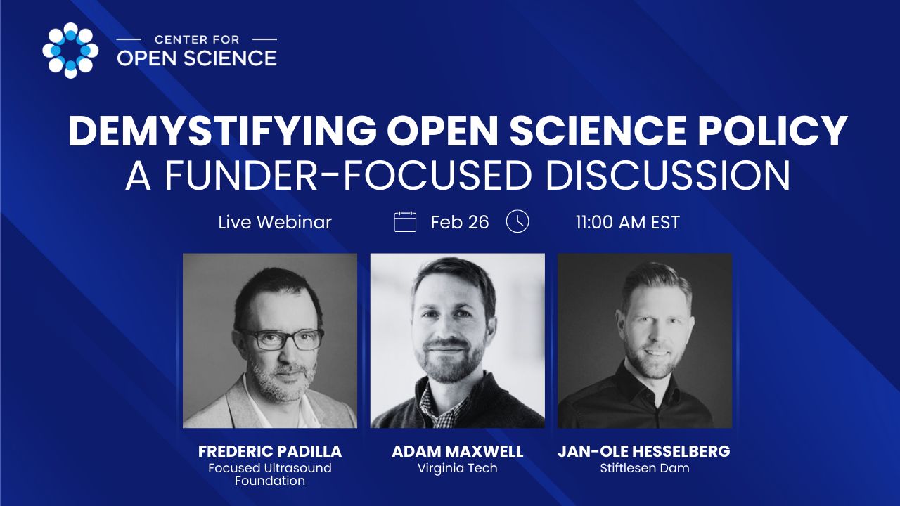 Blue background with photos of three panelists