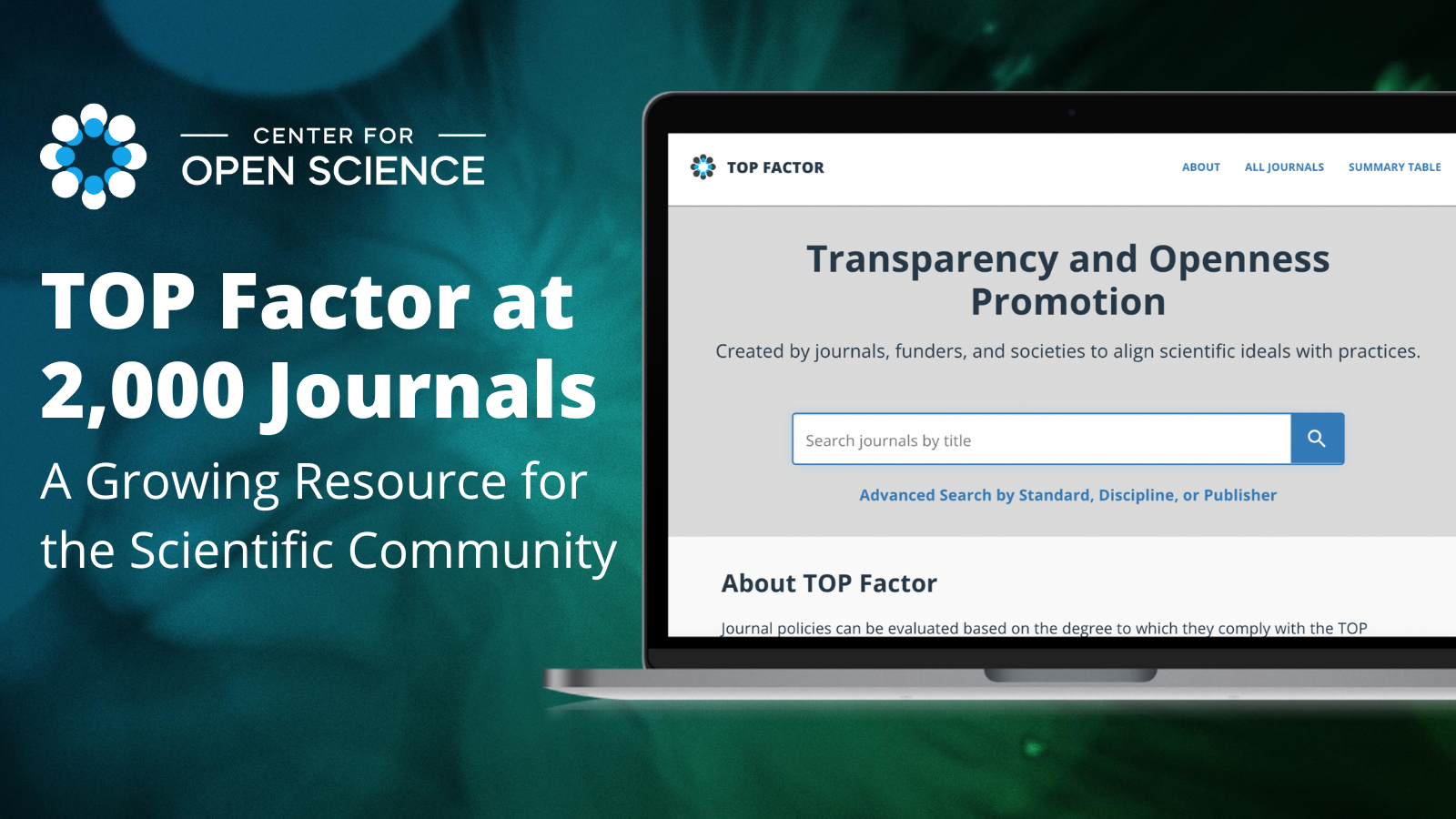 Screenshot of TOP Factor homepage with text TOP Factor at 2,000 Journals