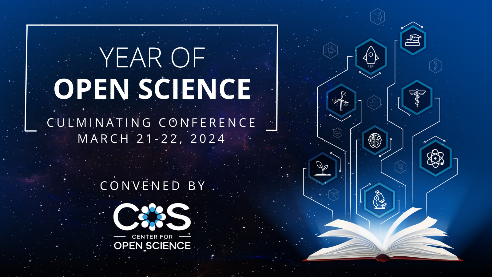 Year of Open Science Conference text treatment on blue background with image of book and scientific icons