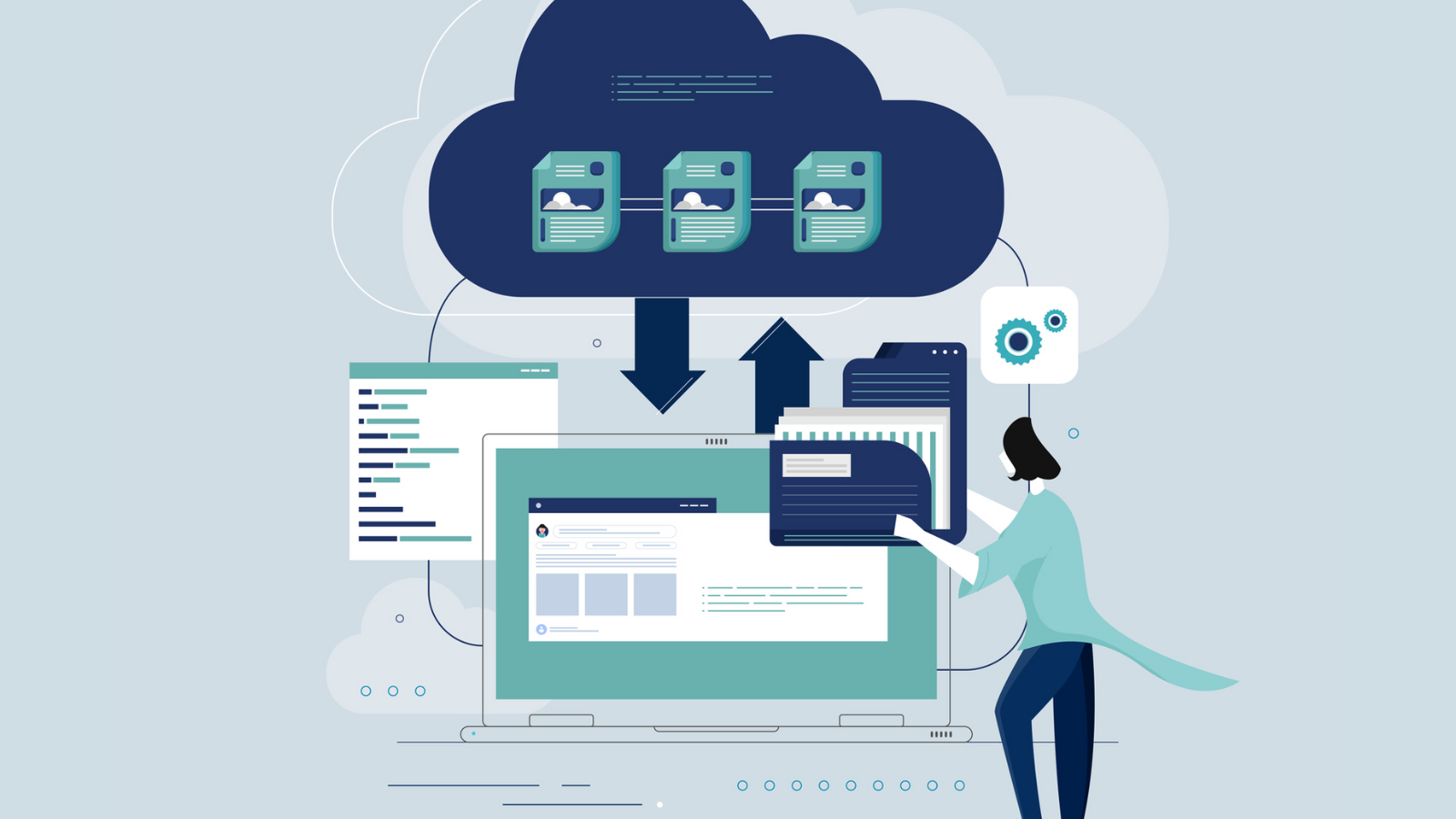 Illustration of data and papers going in and out of a computer