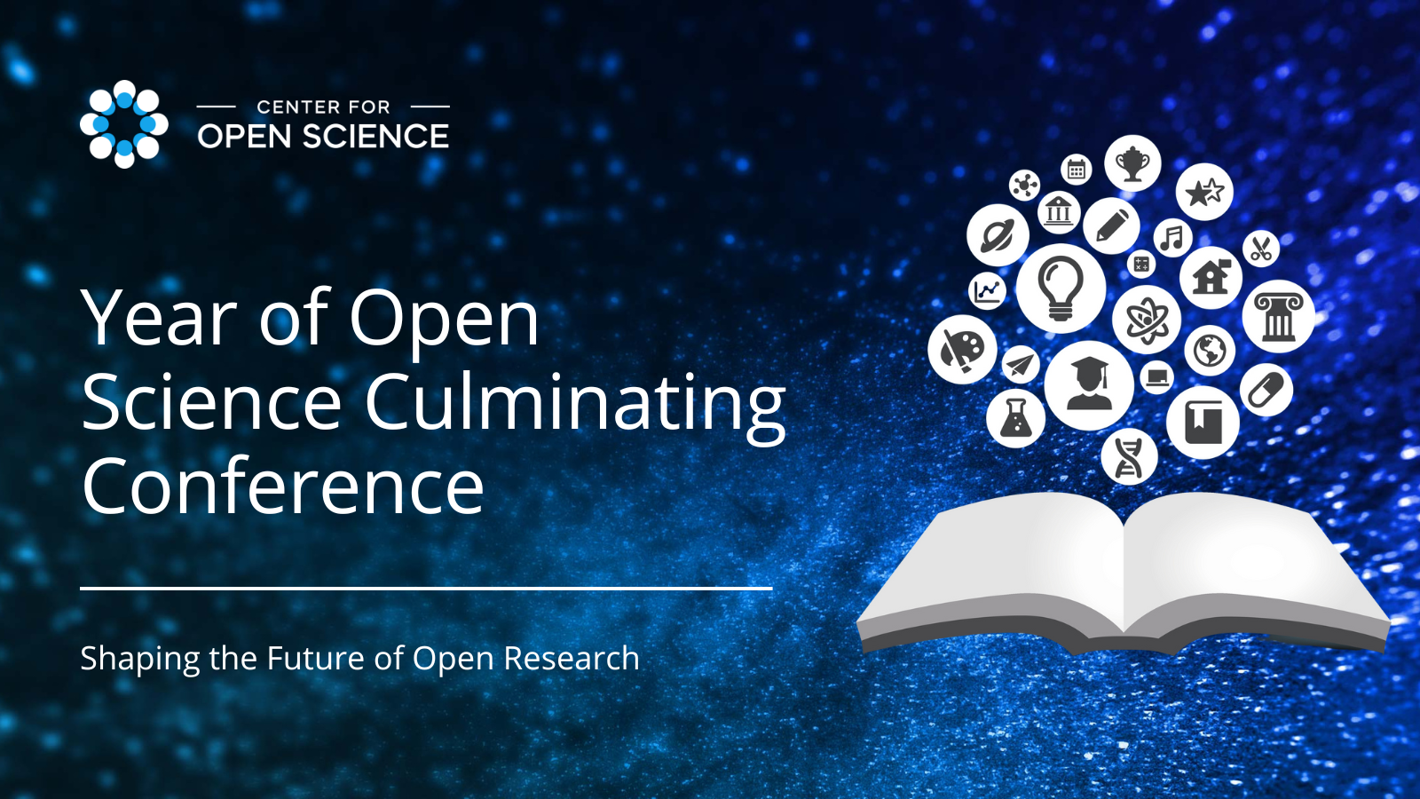 Year of Open Science Conference text with image of open book and science bubbles